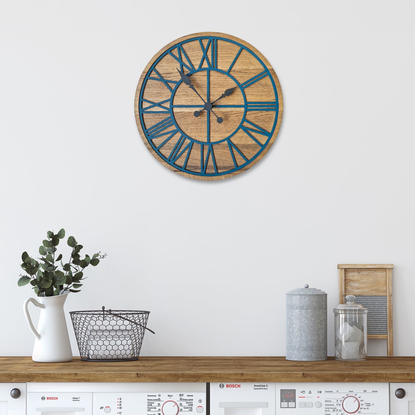 100% Solid Oak Kitchen Wall Clock | Round Teal Skeleton Clock | Rustic Clock