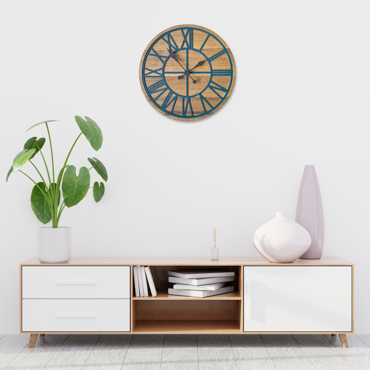 100% Solid Oak Kitchen Wall Clock | Round Teal Skeleton Clock | Rustic Clock