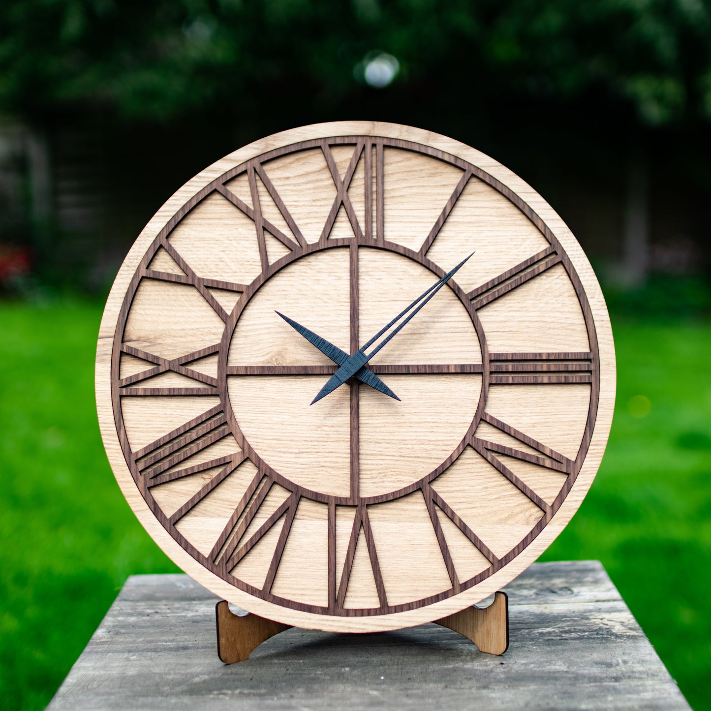 100% Solid Oak Wood Wall Clock | Round Walnut Skeleton Clock | Rustic Farmhouse | Barn Clock | Silent Mechanism - Clock Design Co™