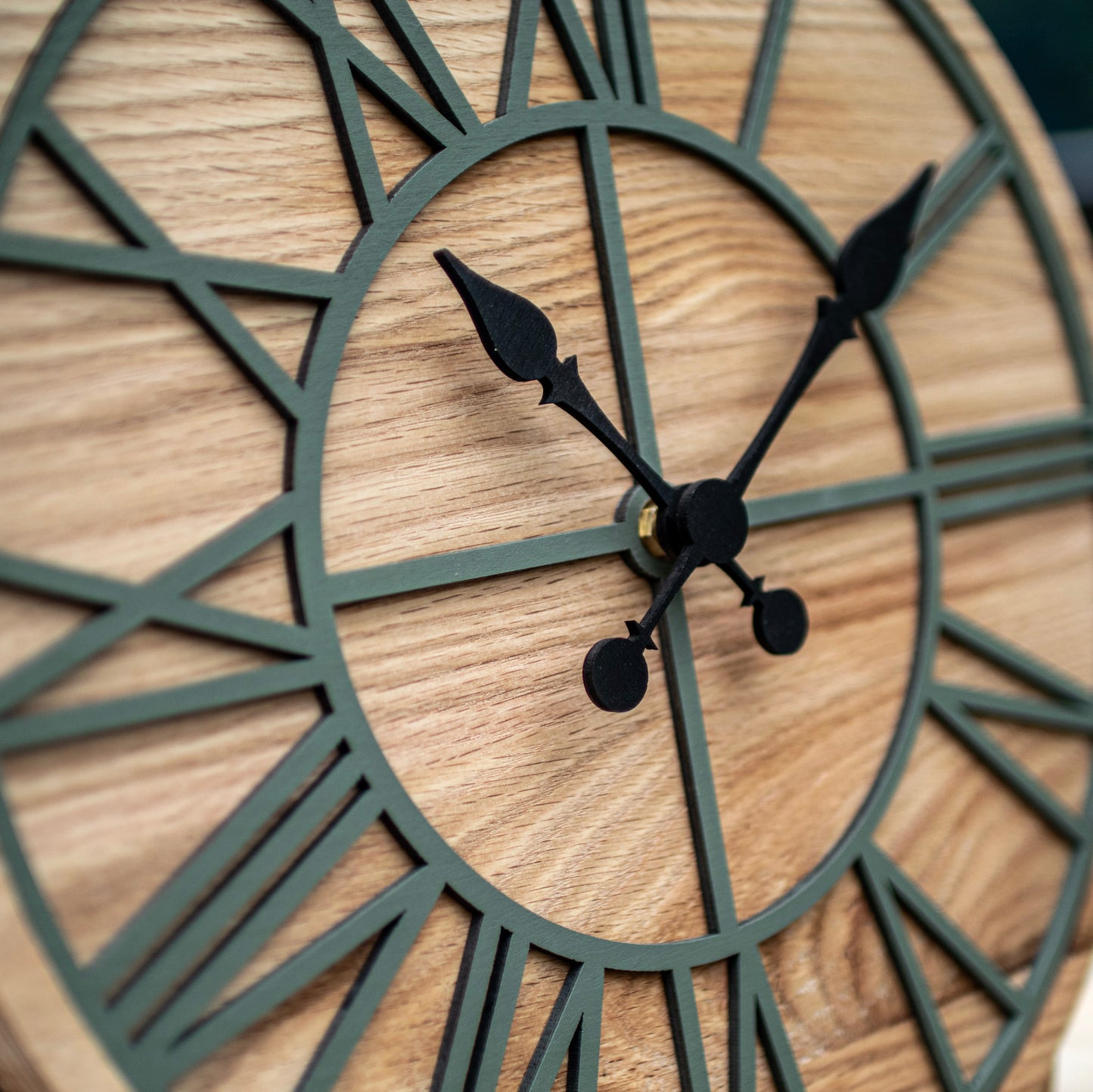 100% Solid Oak Wooden Wall Clock | Round Green Skeleton Clock | Rustic Clock