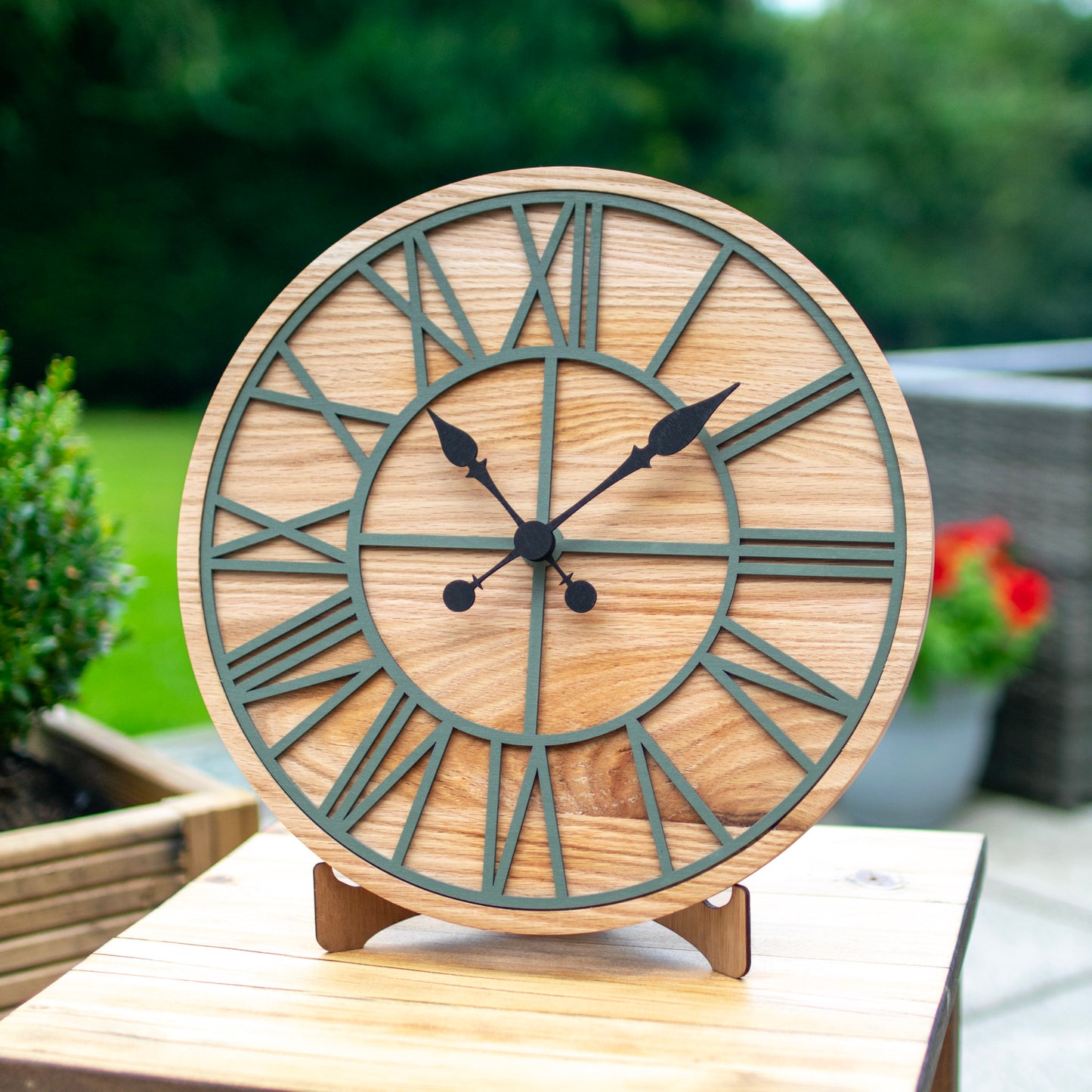 100% Solid Oak Wooden Wall Clock | Round Green Skeleton Clock | Rustic Clock