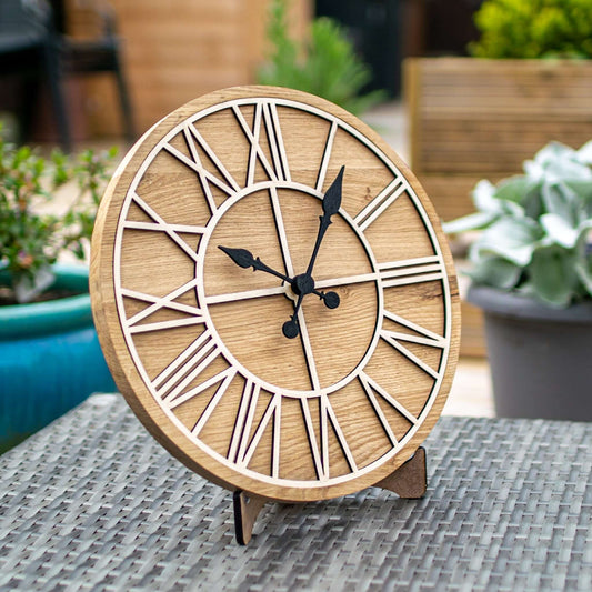 100% Solid Oak & Beech Wood Wall Clock | Round Skeleton Clock | Rustic Kitchen Clock - Clock Design Co™