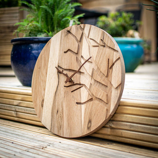 100% Solid Oak Clock with Walnut hands, Wooden Tree Clock with Silent Mechanism - Clock Design Co™