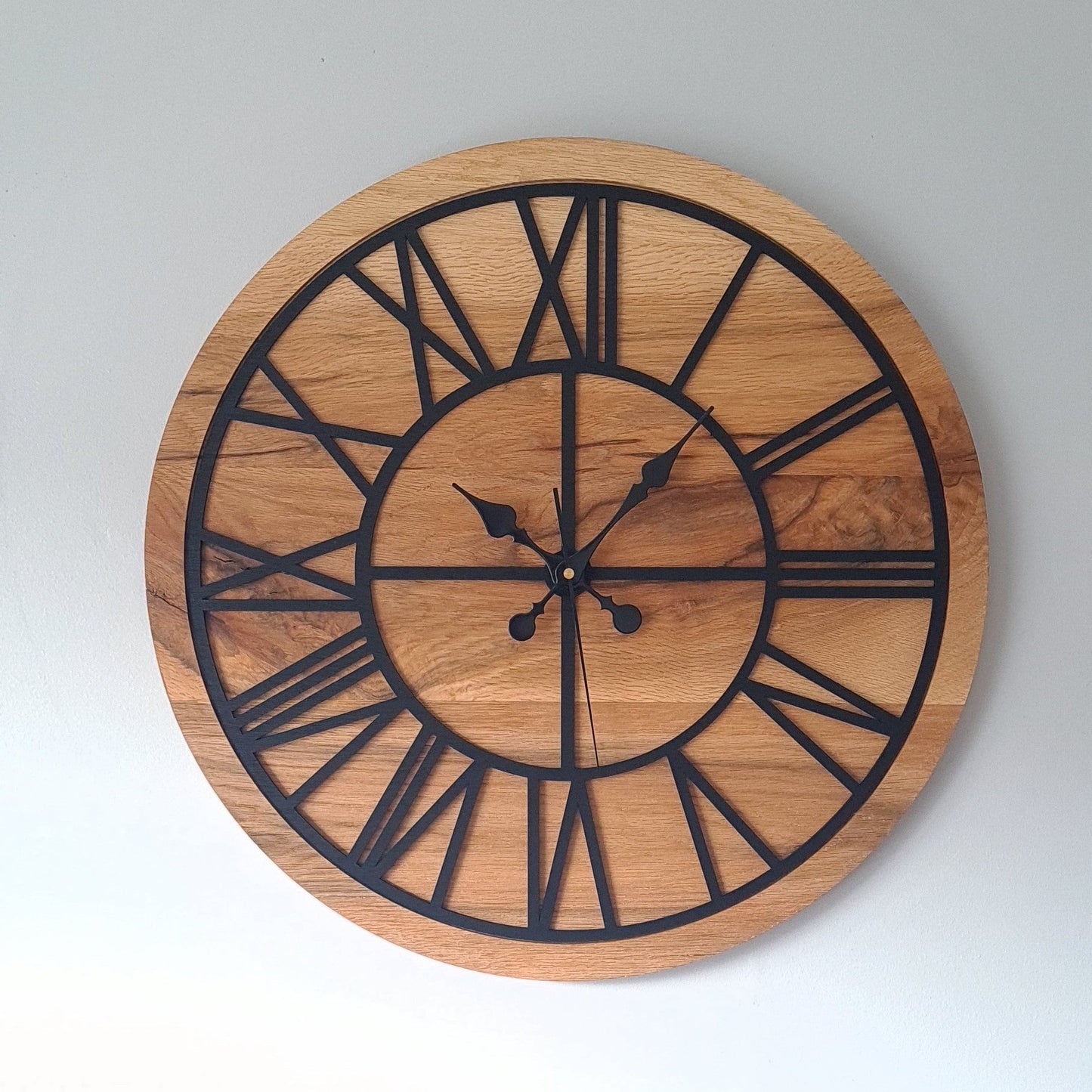 ClockDesignCo 36cm / Spade Hands / Black 100% Solid Oak Wood Wall Clock | Round Black Skeleton Clock | Rustic Clock