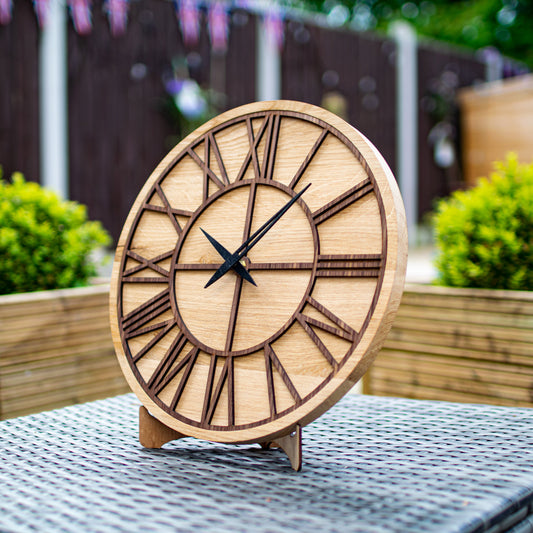 100% Solid Oak Wood Wall Clock | Round Walnut Skeleton Clock | Rustic Farmhouse | Barn Clock | Silent Mechanism - Clock Design Co™