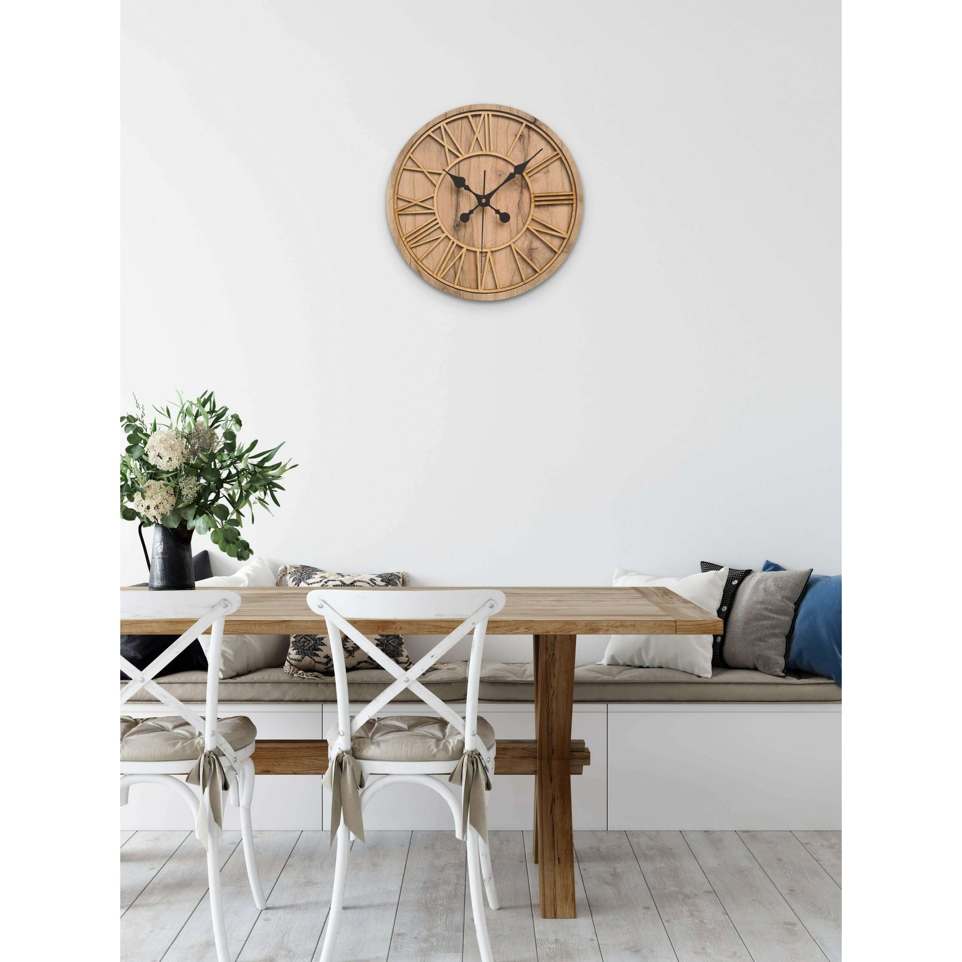 ClockDesignCo 100% Solid Oak & Beech Wood Wall Clock | Round Skeleton Clock | Rustic Kitchen Clock