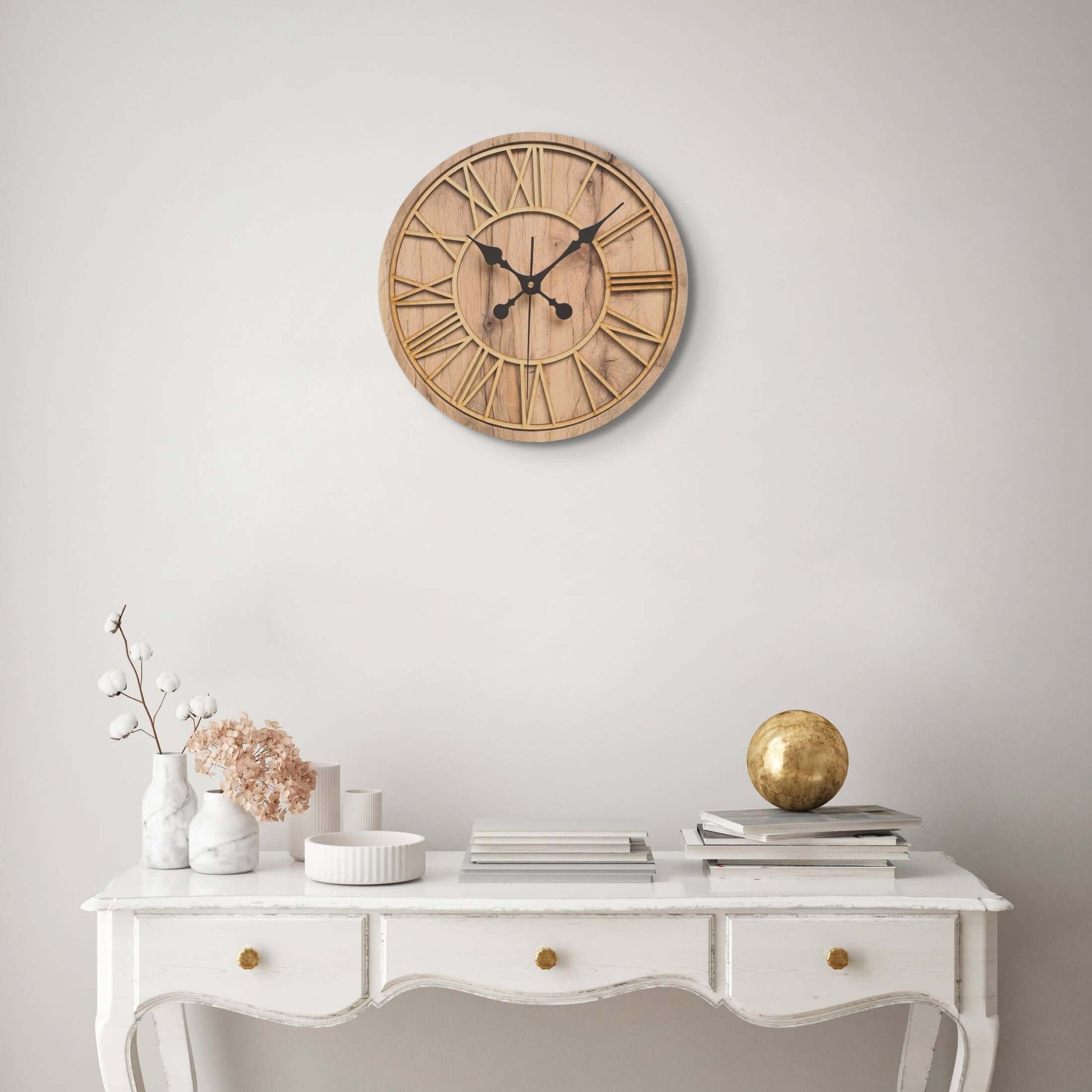 ClockDesignCo 100% Solid Oak & Beech Wood Wall Clock | Round Skeleton Clock | Rustic Kitchen Clock