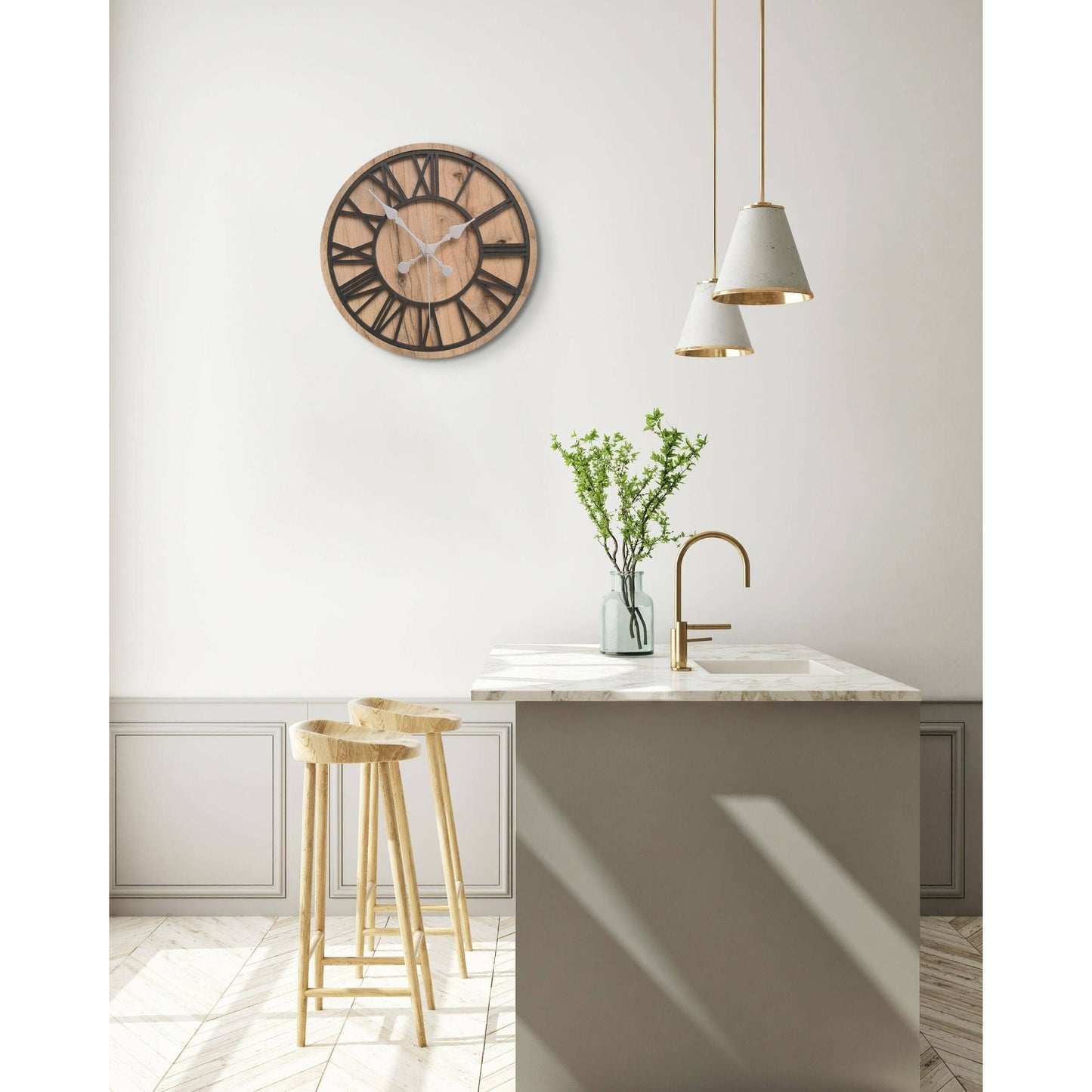 ClockDesignCo 100% Solid Oak Wood Wall Clock | Round Black Skeleton Clock | Rustic Clock