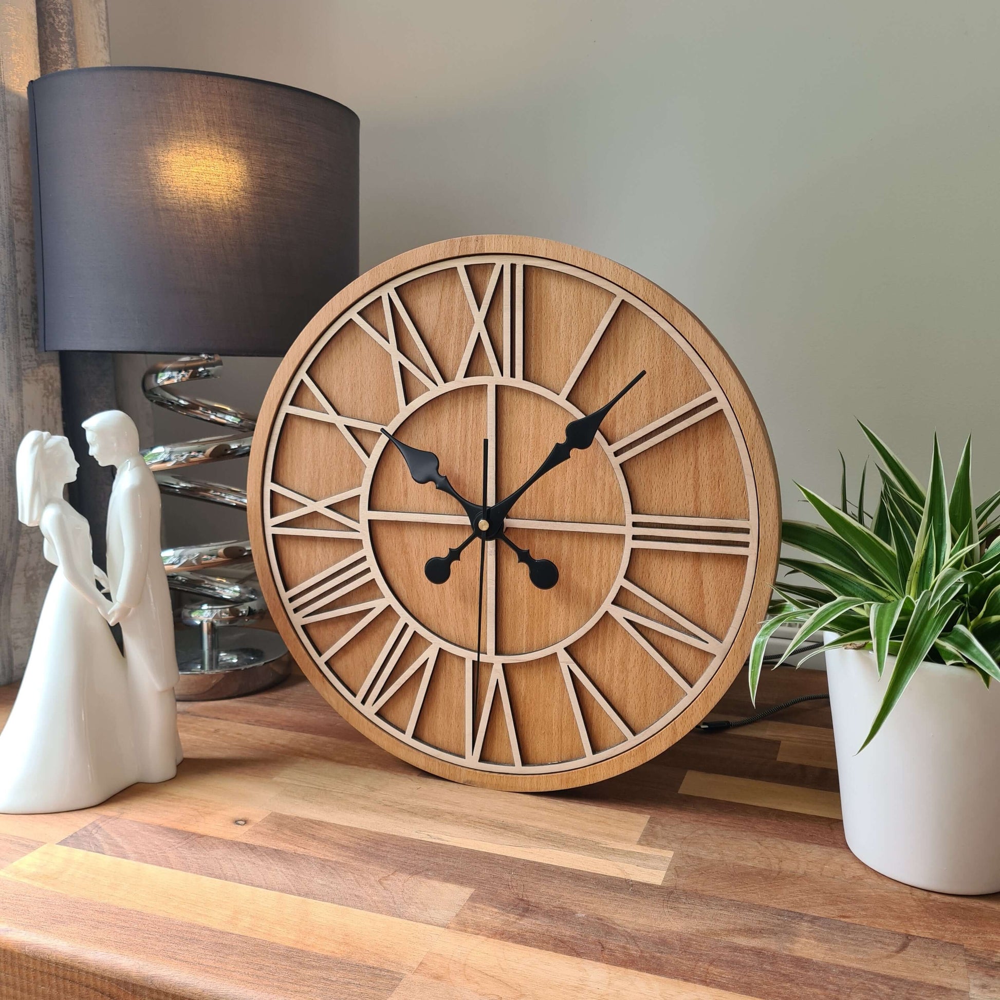 ClockDesignCo 36cm / Spade Hands / Beech 100% Solid Oak & Beech Wood Wall Clock | Round Skeleton Clock | Rustic Kitchen Clock