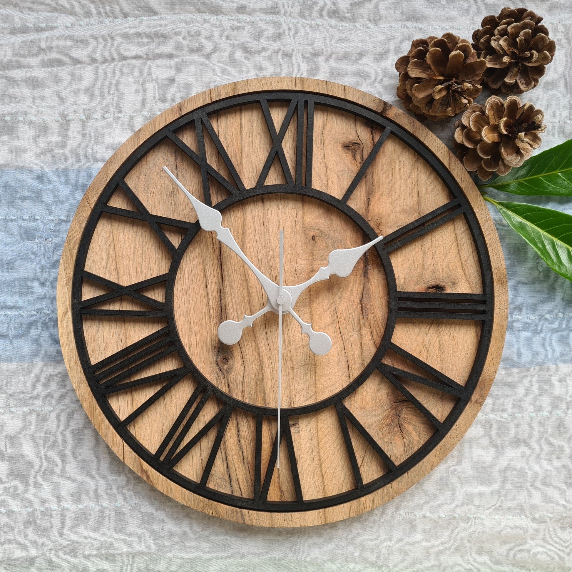 ClockDesignCo 36cm / Spade Hands / White 100% Solid Oak Wood Wall Clock | Round Black Skeleton Clock | Rustic Clock