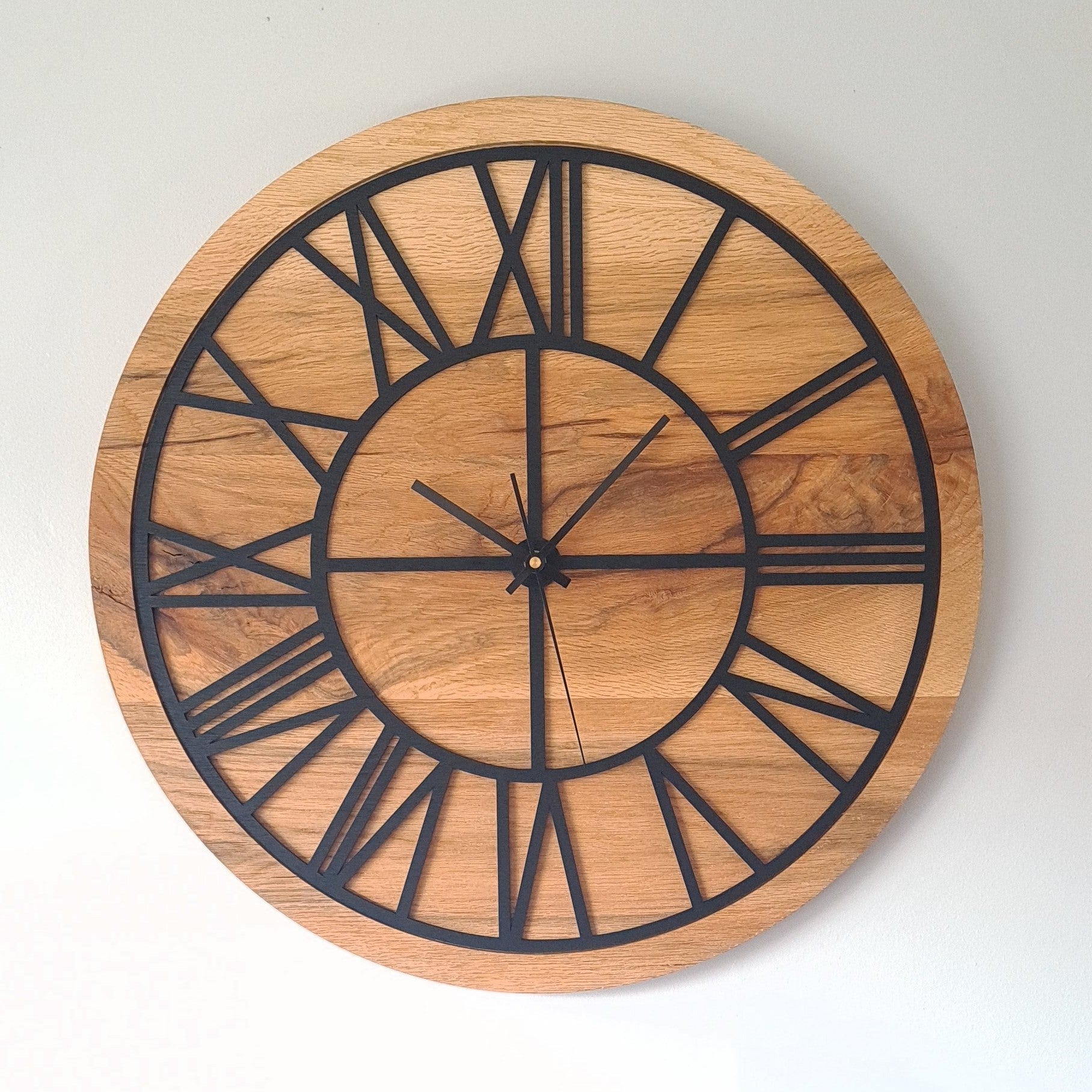 ClockDesignCo 36cm / Straight Hands / Black 100% Solid Oak Wood Wall Clock | Round Black Skeleton Clock | Rustic Clock