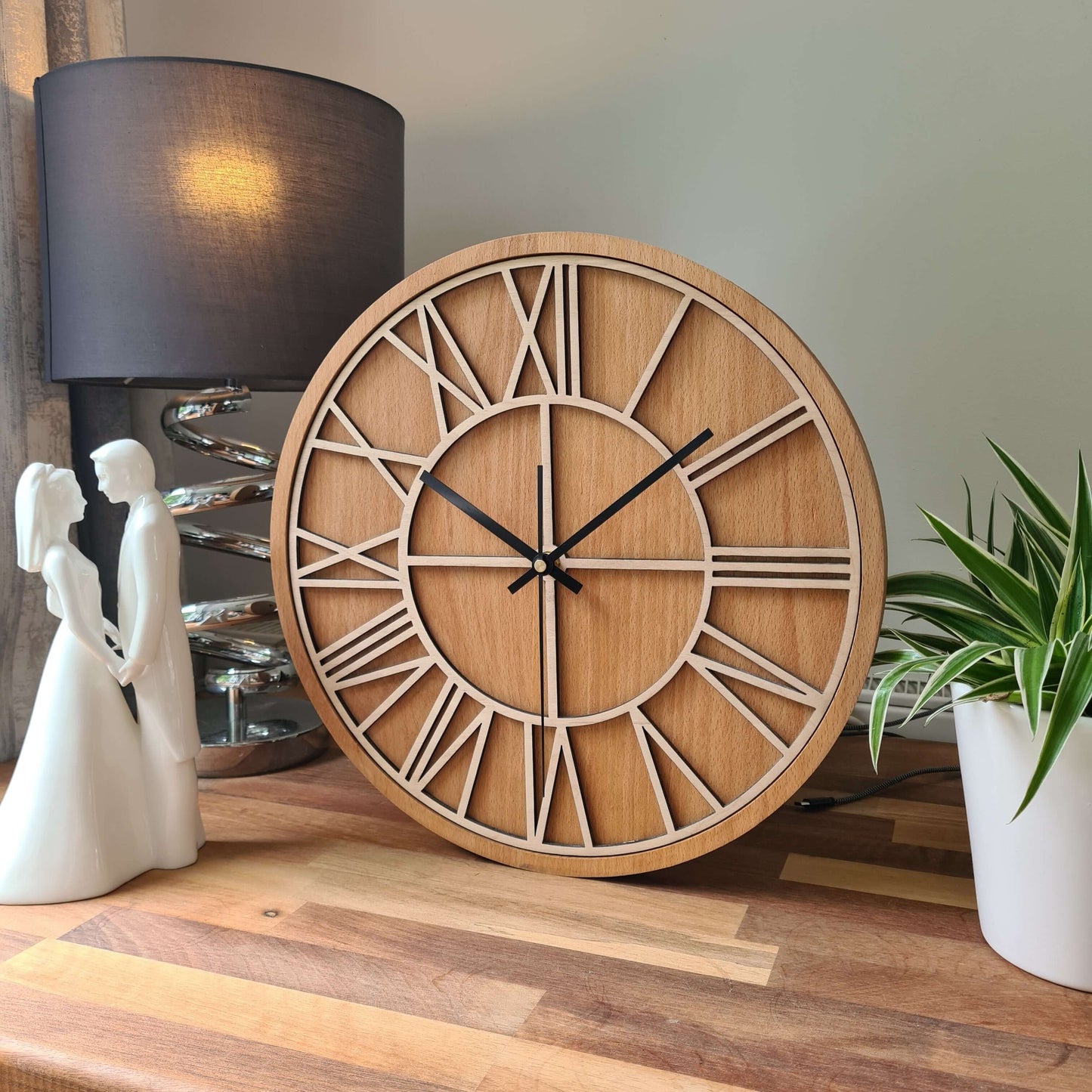 ClockDesignCo 36cm / Straight Hands / White Oak 100% Solid Oak & Beech Wood Wall Clock | Round Skeleton Clock | Rustic Kitchen Clock