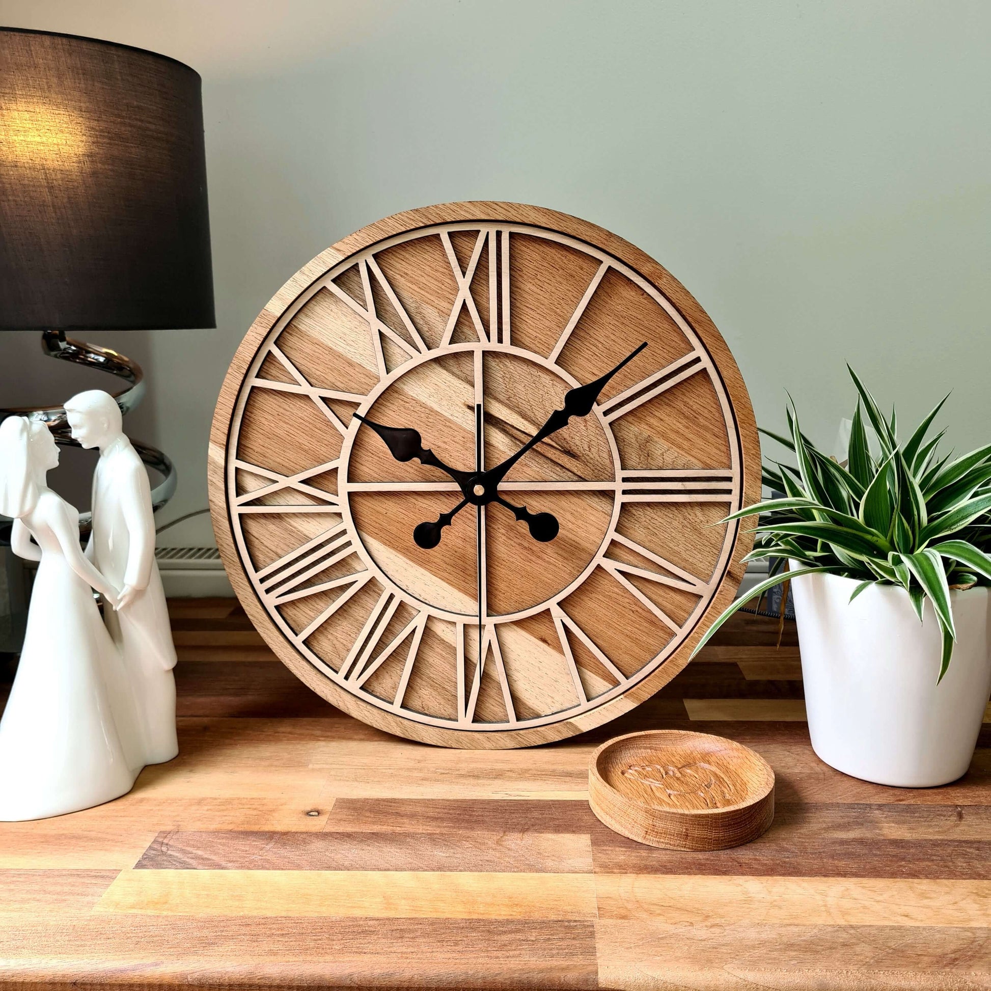 ClockDesignCo 45cm / Spade Hands / White Oak 100% Solid Oak & Beech Wood Wall Clock | Round Skeleton Clock | Rustic Kitchen Clock