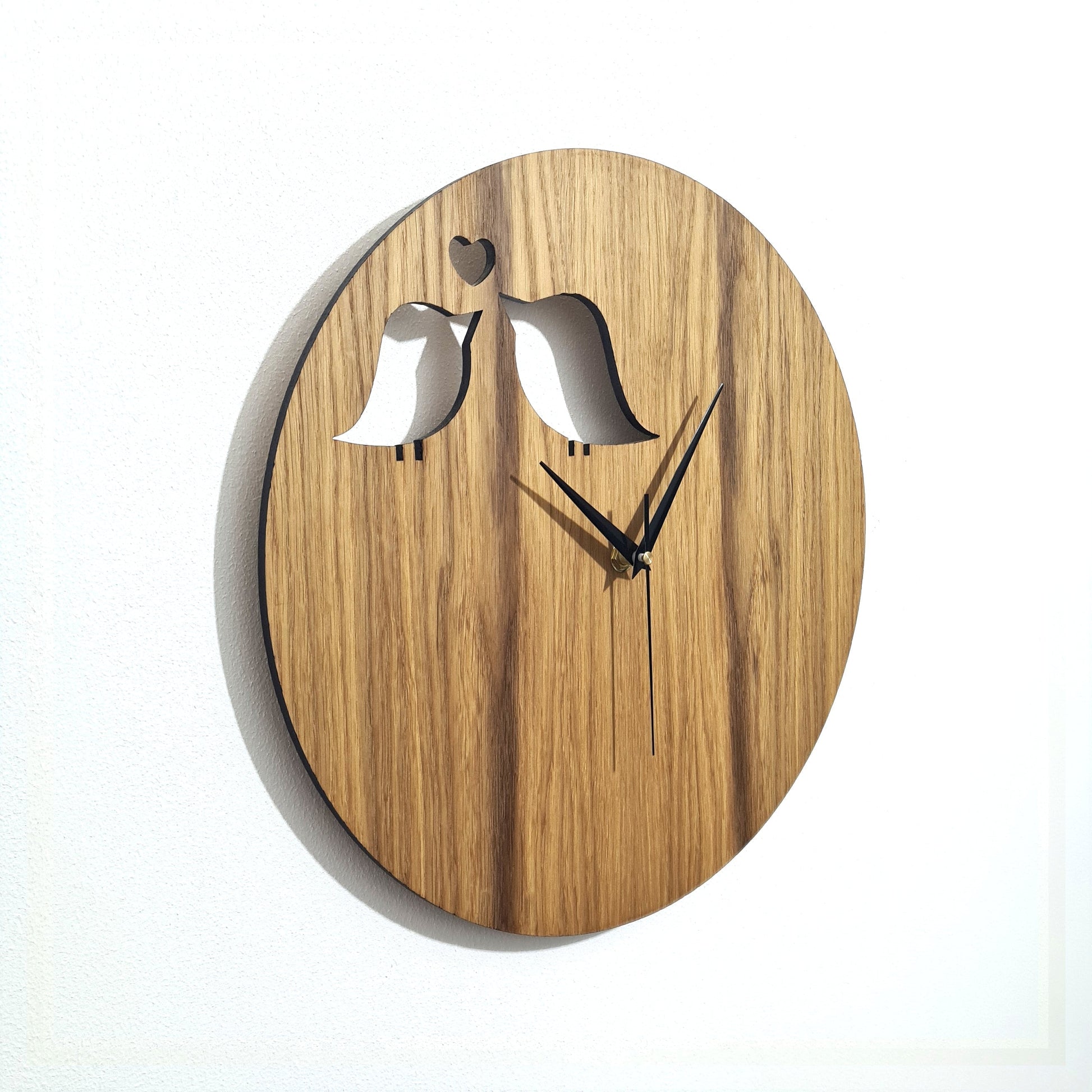 ClockDesignCo Personalised Wall Clock - Love Birds - Rustic Wooden Oak Clock