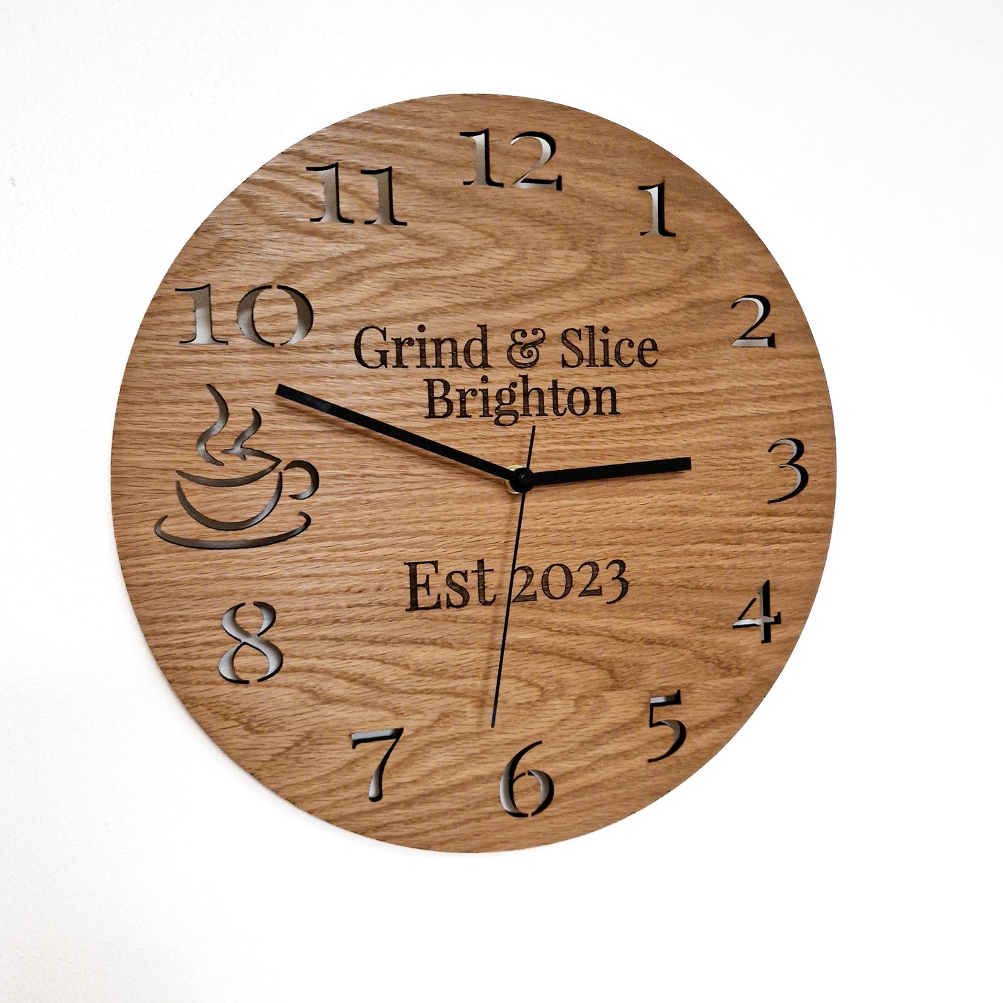 Coffee Lover Wood Wall clock | Coffee Time Cafe coffee bar clock | Wooden Oak Gift | Rustic Coffee Housewarming Gift | Time for coffee - Clock Design Co™
