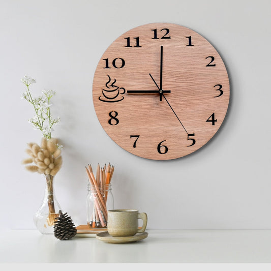 Coffee Lover Wood Wall clock | Coffee Time Cafe coffee bar clock | Wooden Oak Gift | Rustic Coffee Housewarming Gift | Time for coffee - Clock Design Co™